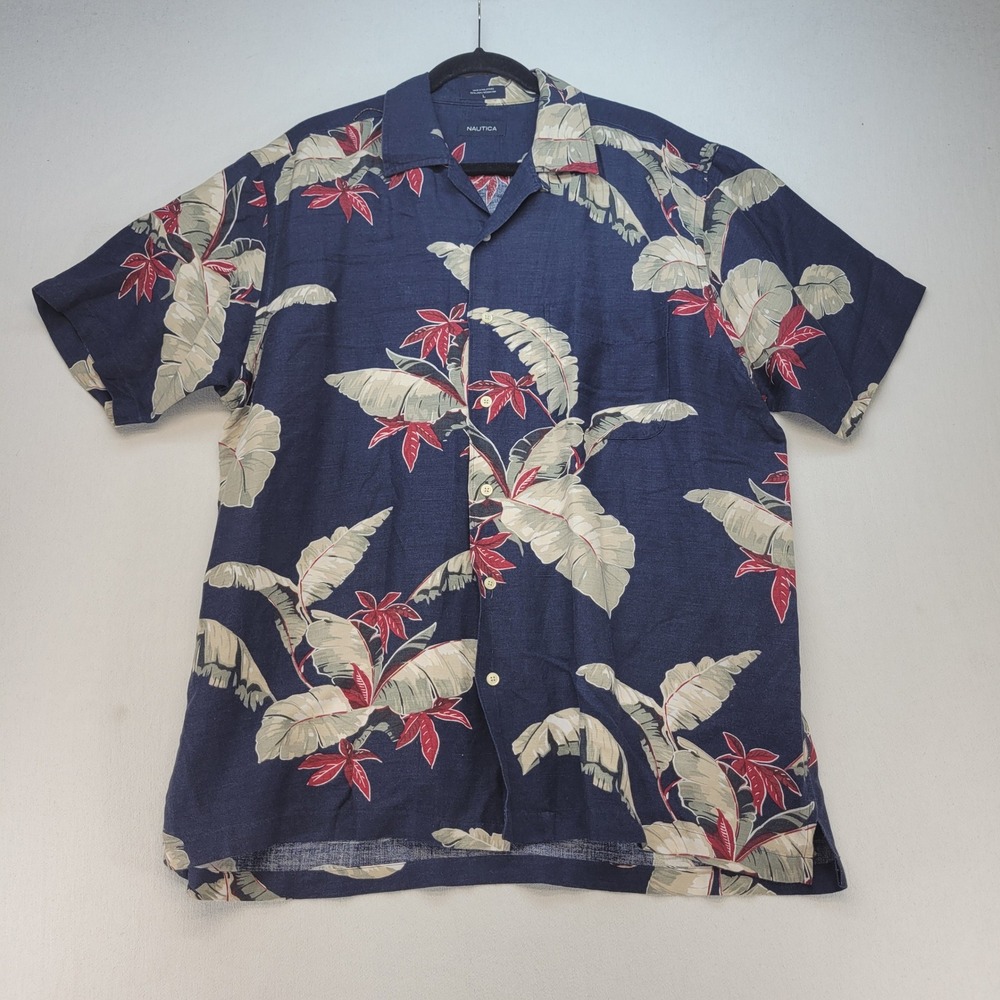 Nautica Button Down Shirt Mens Large Navy Blue Tropical Linen Blend‎ Camp Summer